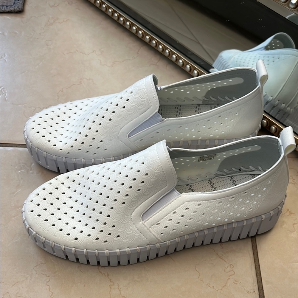 White and Gray Slip-On Sneakers with Perforated Design